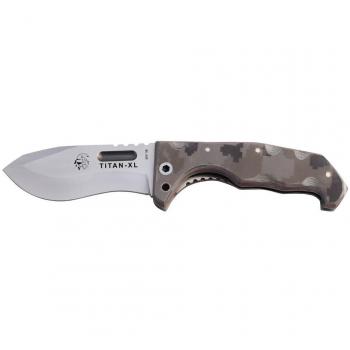 Navaja de Caza TITAN XL J&V con Mango Micarta Camo Desierto Pixel Árido, Hoja de 12 cm y Funda de Cordura Incluida - Herramienta Multifuncional para Camping, Pes