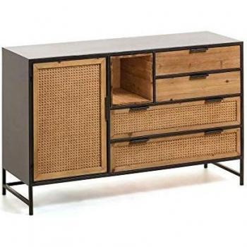 Kave Home - Aparador Kyoko 120 x 75 cm con 4 cajones y Puertas de Madera Maciza de Cedro, ratán y Estructura de Metal en Negro