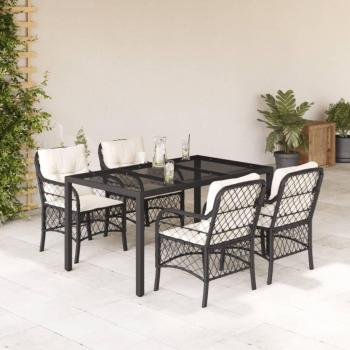5-Piece Black Poly Rattan Garden Dining Set with Cushions