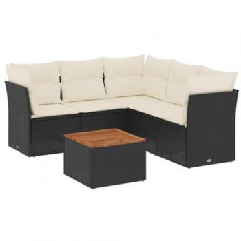6-Piece Black Poly Rattan Garden Sofa Set with Cushions