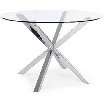 Mesa redonda May de 114 cm con patas de acero cromado y tapa de cristal templado 10 mm, altura 76 cm