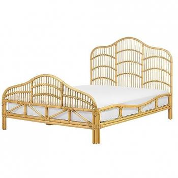 Cama matrimonial Boho de ratán y madera clara 140x200 cm con cabecero decorativo trenzado y base de somier de listones