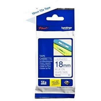 Cinta Brother TZE-243 Laminada para Rotuladora, Impresión Azul sobre Fondo Blanco, 18mm x 8m