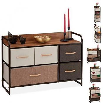 Cómoda Modular Marrón con 5 Cajones Deslizantes, Balda y Cestas Plegables de Tela - 58 x 87,5 x 31,5 cm