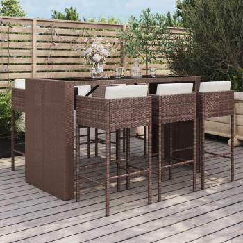 Mesa y taburetes altos de jardín 7 piezas con cojines de ratán PE color marrón