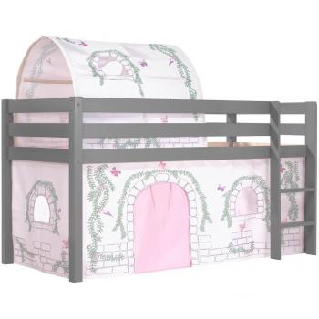 Cama de media altura 90x200 cm con somier, funda y túnel Birdy, pino gris