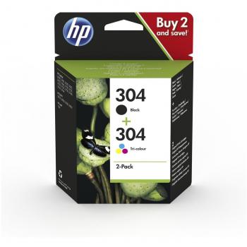 HP 304 3JB05AE Pack de 2 Cartuchos de Tinta Originales, Negro y Tricolor (Cian, Magenta, Amarillo), Compatible con Impresoras HP Deskjet Series 2620, 263