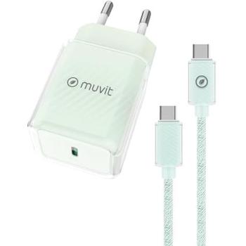 Pack Cargador de Pared USB-C PD 30W + Cable USB-C 1m 3A Verde Muvit For Change