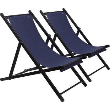 Set de 2 Hamacas Plegables de Madera de Haya Sin Brazos, Estructura Wengué y Lona Azul Oscuro