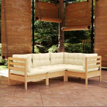 4-Piece Pinewood Garden Lounge Set with Cream Cushions