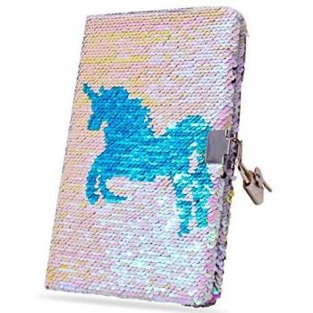 ZSWQ Cuaderno Con Cerradura Unicornio Diario Cuaderno Escolar - Cuaderno De Diario De Lentejuelas Reversible Color Unicornio Rosa Claro Para Niños y Regalos Para Niños