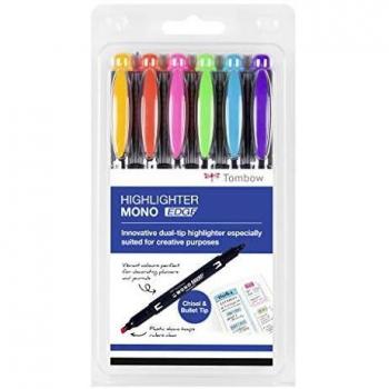 Tombow Rotulador Mono Edge de Doble Punta, Estuche de 6 Colores Fluorescentes Surtidos, Dimensiones 13x16x23 cm