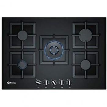 Balay, 3ETG676HB - Placa de gas, 5 Zonas, Ancho 75 cm, Cristal templado negro, Control preciso de la llama en 9 niveles, Seguridad GasStop