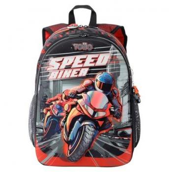 Mochila Infantil Totto Speed Biker M - Mediana, 16L, 2 Compartimentos, 2 Bolsillos para Botella, Organizador Interno, Correas Acolchadas, Color Rojo
