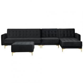 Sofá Esquinero Modular 5 Plazas en Terciopelo Negro con Chaise Longue Izquierda y Otomana, Diseño Moderno Capitonné