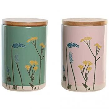 Bote DKD Home Decor 11,5 x 11,5 x 17,5 cm Floral Rosa Verde Bambú Gres Shabby Chic (2 Unidades)