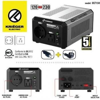 Krieger 150W Transformador 220v a 110v, 150 Vatios de Potencia Máxima, Convierte Voltaje de 220-240 Voltios a 110-120V y viceversa, Transformador con Núcleo Toroidal Aprobado por Met bajo UL y CSA