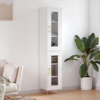 Aparador de madera contrachapada blanco brillo 34,5x34x180 cm con 1 puerta de cristal, mueble de almacenaje para salón, buffet y armario auxiliar