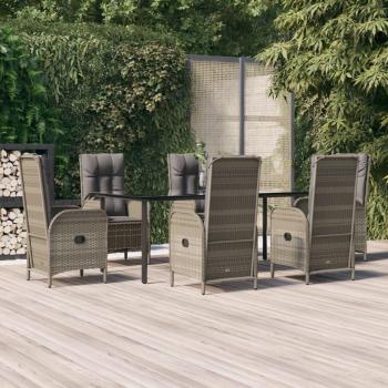 7-Piece Black and Grey Poly Rattan Garden Lounge and Dining Set with Cushions