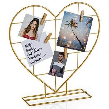 MONTEMAGGI Marco de fotos con forma de corazón con hilo dorado. Portafotos múltiple, portaobjetos con pinzas, 30 x 8 x 30 cm