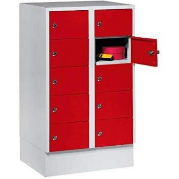 Armario de compartimentos pequeños Wolf 978966, 10 compartimentos, acero, puerta derecha, cerradura cilíndrica, dimensiones B 600 x H 965 mm, color gris claro RAL 7035/rojo fuego