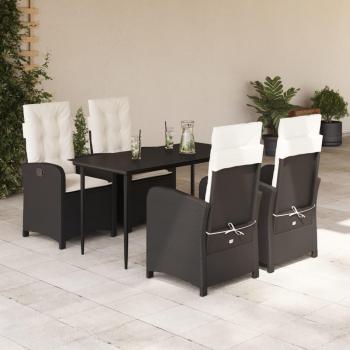 5-Piece Black Poly Rattan Garden Dining Set with Cushions