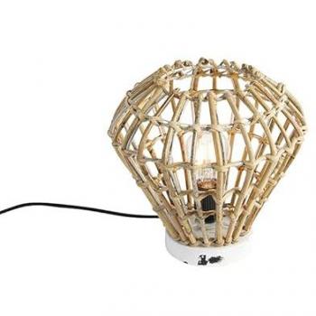 Lámpara de Sobremesa Rural de Bambú y Acero Blanco - Canna Diamond, Adecuada para LED Max. 1 x 40 Watt