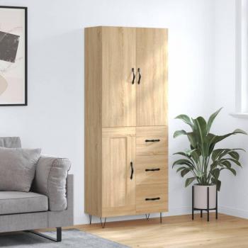 Aparador alto de madera contrachapada color roble 69,5x34x180 cm con 1 puerta de madera y 3 cajones, mueble de almacenaje moderno para salón