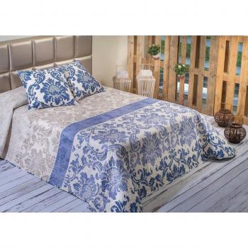 Algodón Blanco Oliva - Colcha bouti estampada, para cama de 135 cm, 235 x 270 cm, 2 fundas de cojín, 60 x 60 cm, color azul
