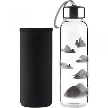 SHBRIFA Botella de Agua de Vidrio de Borosilicato 500ml / 1000ml, Botella de Agua de Cristal con Funda de Neopreno y Tapa de Acero Inoxidable a Prueba de Fugas