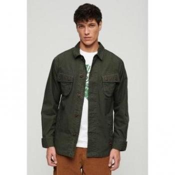 Superdry Men's Dark Green Military Overshirt, Casual Cotton Long Sleeve, Size S