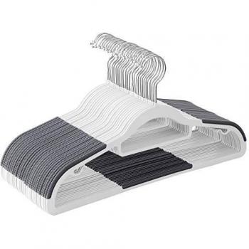 SONGMICS Juego de 30 Perchas, Perchas de Plástico, Antideslizantes, Ahorra Espacio, 0,5 cm de Grosor, 42 cm de Largo, Gancho Plata Giratorio de 360°, Blanco y Gris Oscuro CRP20WG30