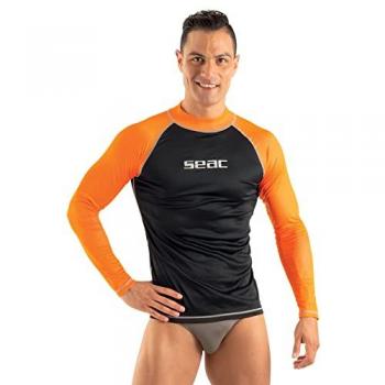 Camiseta de Manga Larga SEAC T-Sun Rash Guard para Esnorkel y Natación, Anti UV, Color Negro/Naranja, Talla M