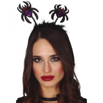 Diadema de Arañas Negras Glitter Guirca, diadema decorativa para Halloween, con diseño de arañas negras brillantes, ideal para disfraces y fiestas temáticas
