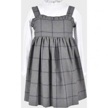 Vestido de niña gris con cuadros y lazo en la cintura