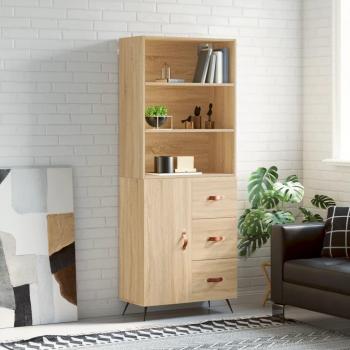 Aparador alto de madera contrachapada color roble 69,5x34x180 cm con 1 puerta y 3 cajones, mueble de almacenaje para salón, buffet y armario auxiliar