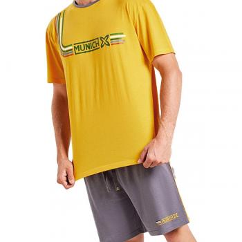 Pijama de Hombre MUEH0150 de Algodón Mostaza, Manga Corta y Cuello Redondo, Conjunto de Verano