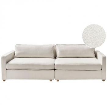 Sofá moderno 3 plazas bouclé blanco crema con reposabrazos y patas de madera Vinstra
