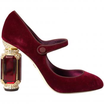 Dolce & Gabbana Red Velvet Gold Crystals Heels Mary Jane Shoes - EU40.5/US10