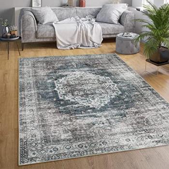 Alfombra Tejido Plano Moderna Oriental Marroquí Vintage 80x150 cm, Gris, Lavable en Lavadora