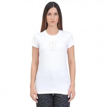 Armani Exchange Women's Slim Fit White T-Shirt with Gold Studded Box Logo, Size S