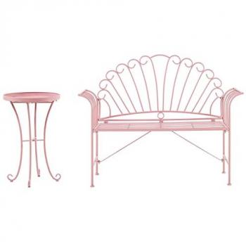 Conjunto para exterior de mesa auxiliar y banco con apoyabrazos acampanados 2 plazas de metal rosa estilo vintage Cavinia