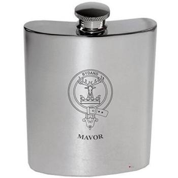 Mavor Family Crest 6oz Polished Pewter Kidney Flask
