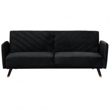 Sofá Cama 3 Plazas de Terciopelo Negro con Reclinable y Piernas de Madera Senja