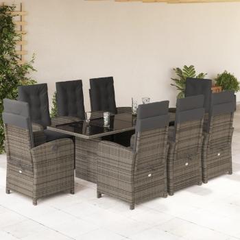 9-Piece Grey Poly Rattan Garden Dining Set with Cushions