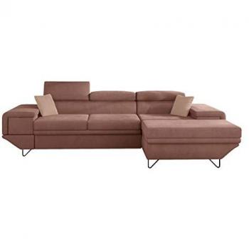 Sofá rinconero Comfivo 263, color rosa, con función de descanso y caja de ropa de cama, dimensiones 290x171x71cm