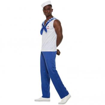 Disfraz de Marinero Blanco y Azul para hombre con detalles náuticos