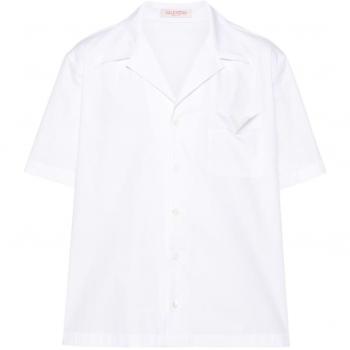 Valentino Men's Bowling Shirt with Rubberised V Detail in White, Size 46