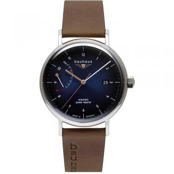 Bauhaus Automatic Men's Watch with Power Reserve and Date, Blue Dial, Brown Leather Strap, Made in Germany