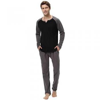 Aibrou 100% Algodón Pijama Hombre Invierno Mangas Larga Pantalon Largo 2 Piezas, Cómodo y Generoso